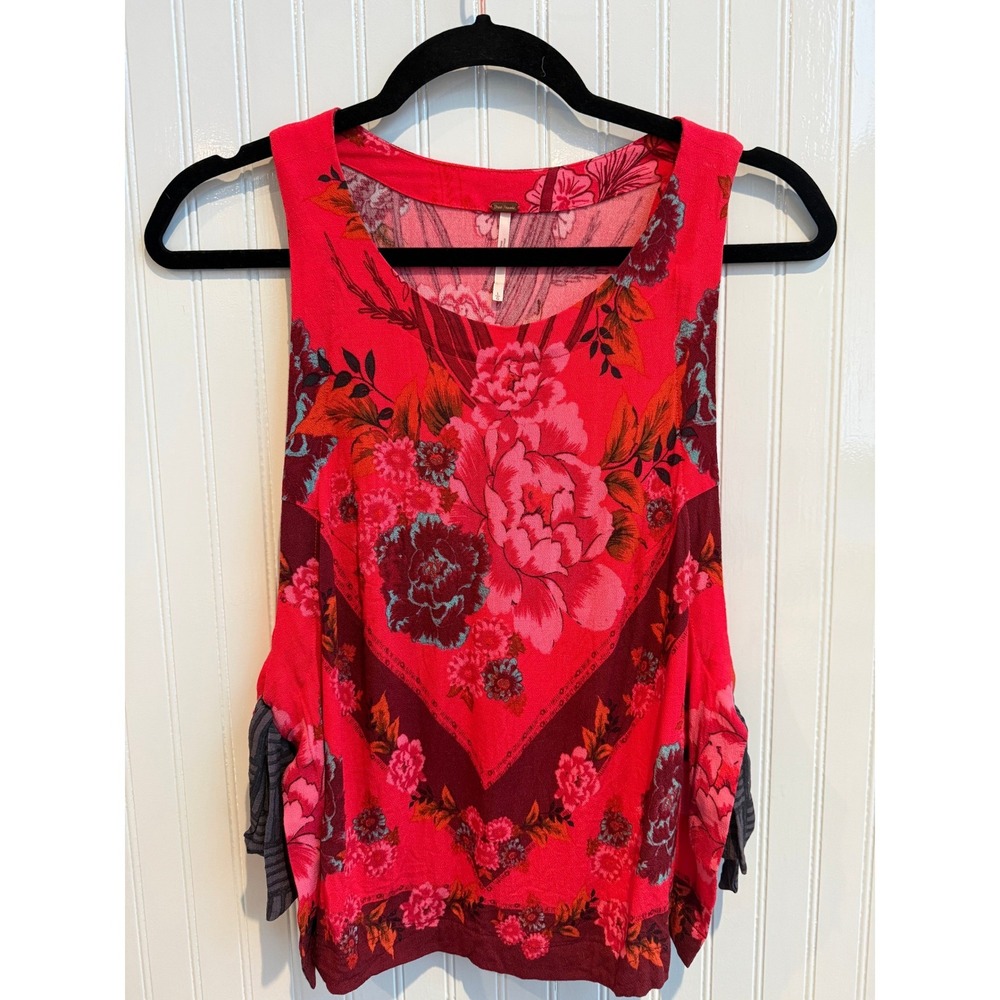 Free People Red & Pink Floral Sleeveless Top L Fairy Rennfayre Coquette‎ Boho